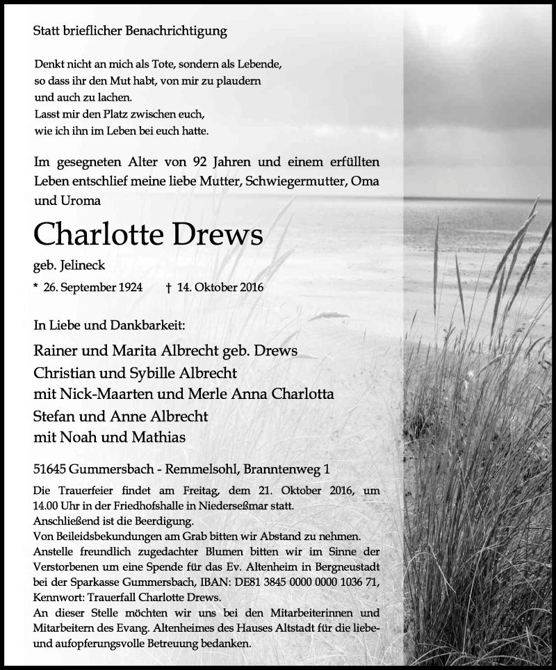  Traueranzeige für Charlotte Drews vom 19.10.2016 aus Kölner Stadt-Anzeiger / Kölnische Rundschau / Express