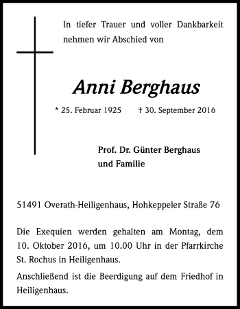 Anzeige von Anni Berghaus von Kölner Stadt-Anzeiger / Kölnische Rundschau / Express