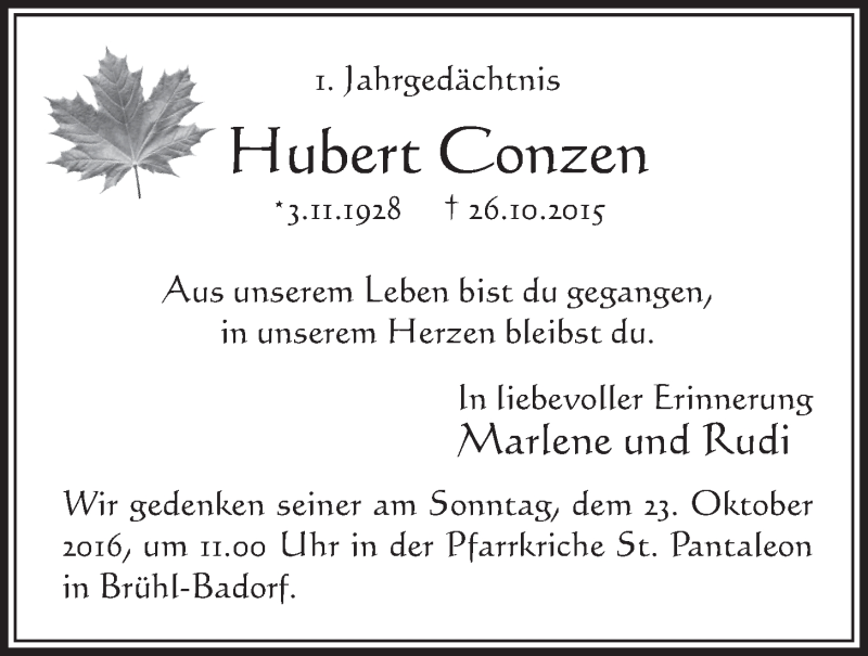  Traueranzeige für Hubert Conzen vom 19.10.2016 aus  Schlossbote/Werbekurier 