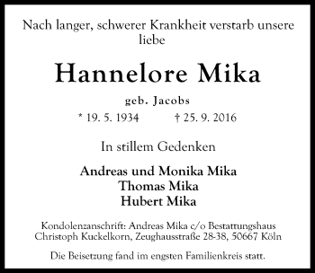 Anzeige von Hannelore Mika von  Kölner Wochenspiegel 