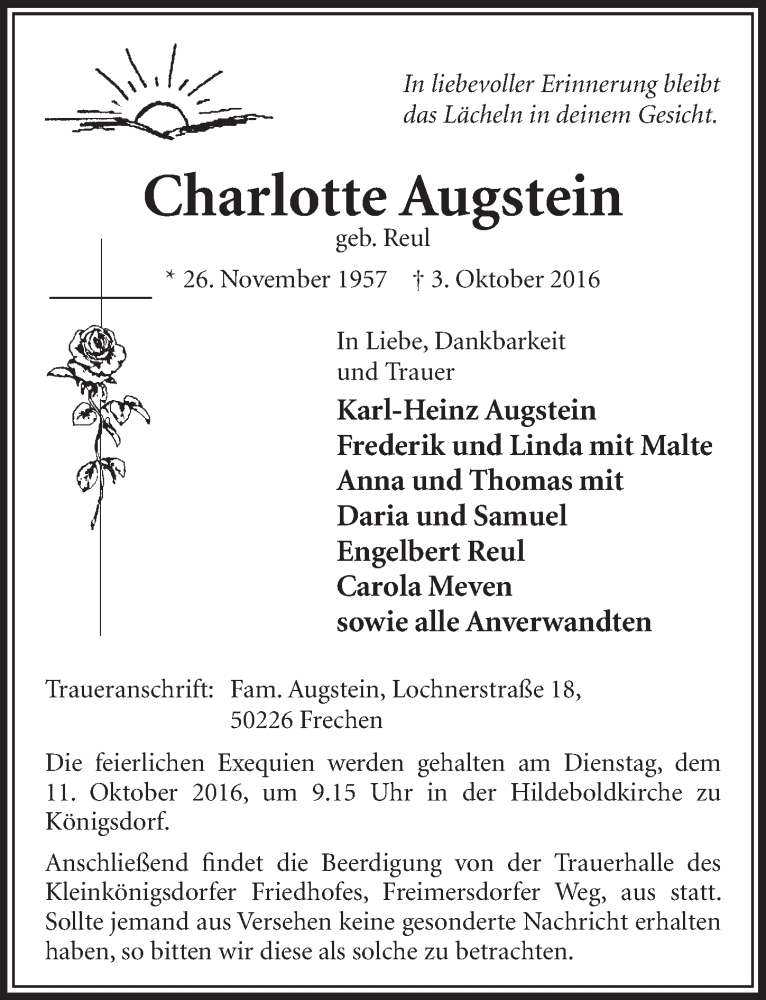 Traueranzeige für Charlotte Augstein vom 08.10.2016 aus  Sonntags-Post 