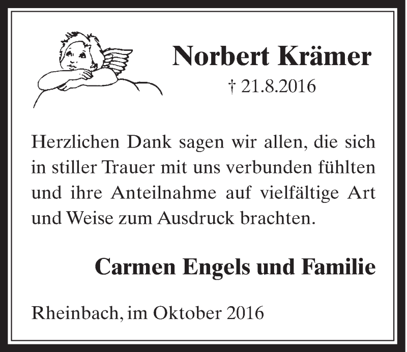  Traueranzeige für Norbert Krämer vom 19.10.2016 aus  Schaufenster/Blickpunkt 