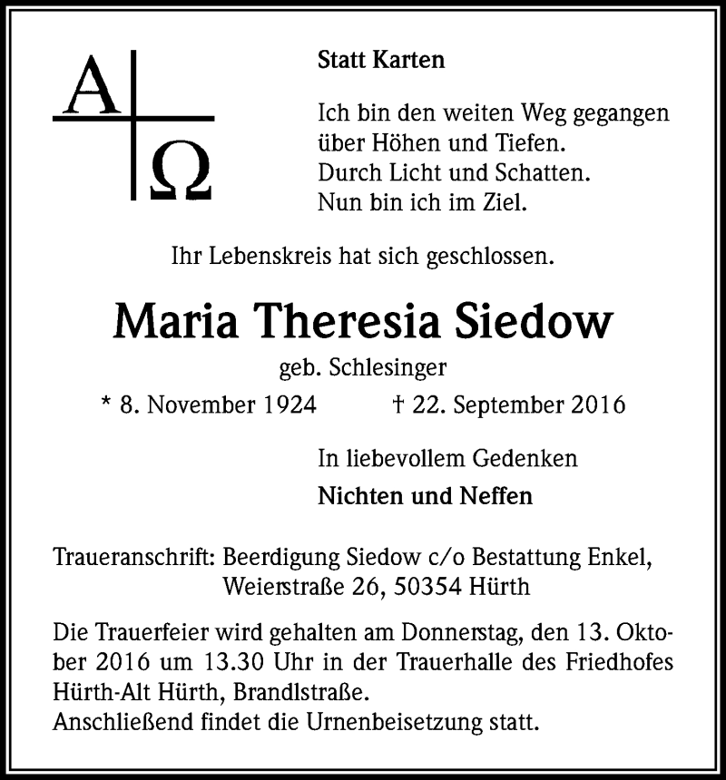  Traueranzeige für Maria Theresia Siedow vom 08.10.2016 aus Kölner Stadt-Anzeiger / Kölnische Rundschau / Express