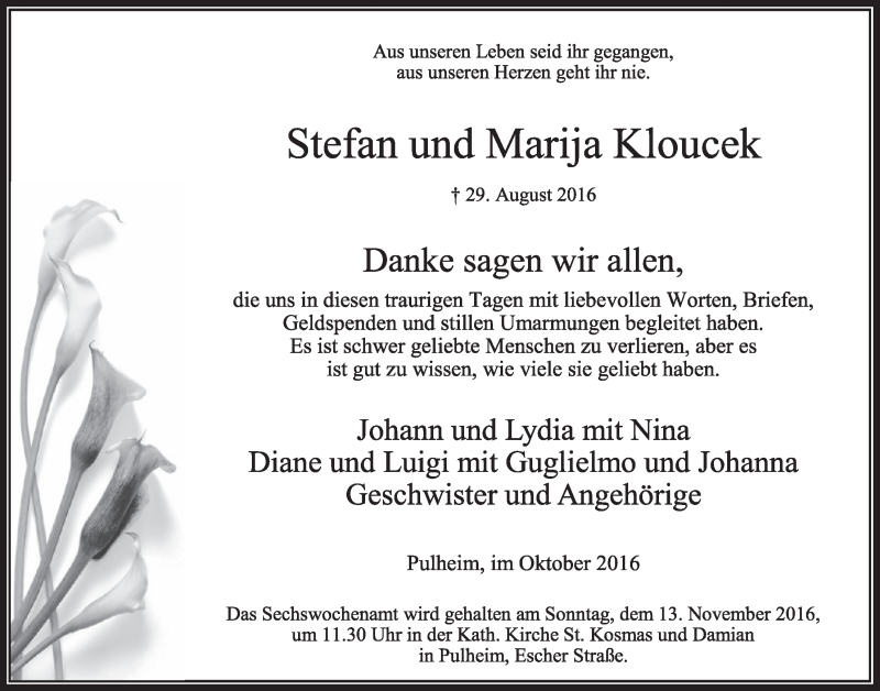 Traueranzeige für Stefan und Marija Kloucek vom 29.10.2016 aus  Sonntags-Post 