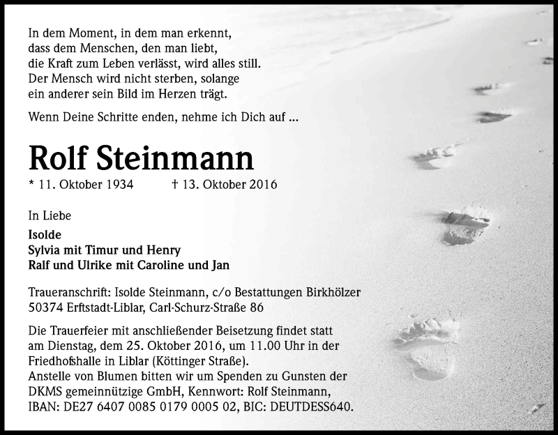  Traueranzeige für Rolf Steinmann vom 22.10.2016 aus Kölner Stadt-Anzeiger / Kölnische Rundschau / Express