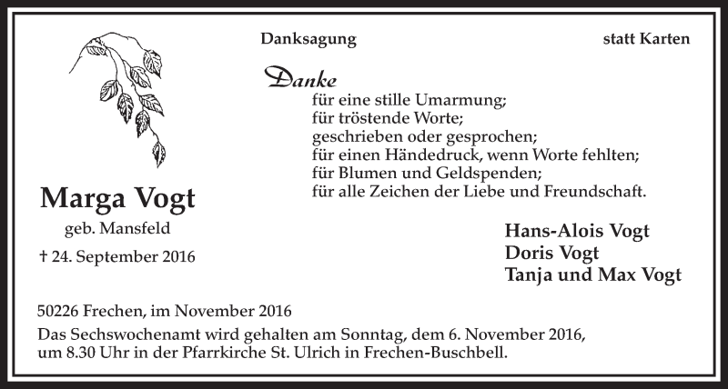  Traueranzeige für Marga Vogt vom 29.10.2016 aus  Sonntags-Post 
