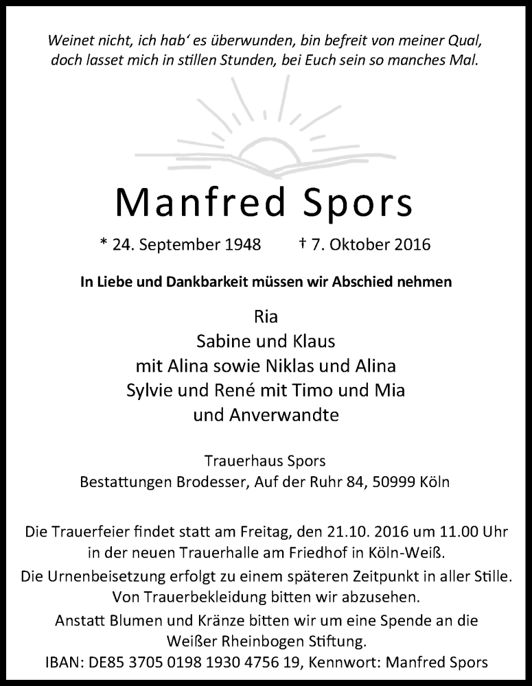  Traueranzeige für Manfred Spors vom 15.10.2016 aus Kölner Stadt-Anzeiger / Kölnische Rundschau / Express