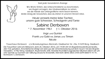 Anzeige von Sabine Derboven von Kölner Stadt-Anzeiger / Kölnische Rundschau / Express