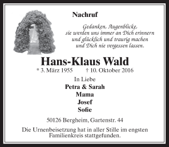 Anzeige von Hans-Klaus Wald von  Werbepost 