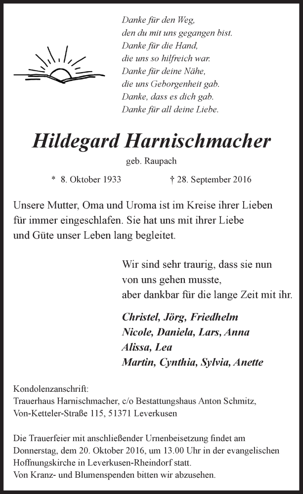  Traueranzeige für Hildegard Harnischmacher vom 12.10.2016 aus  Lokale Informationen 