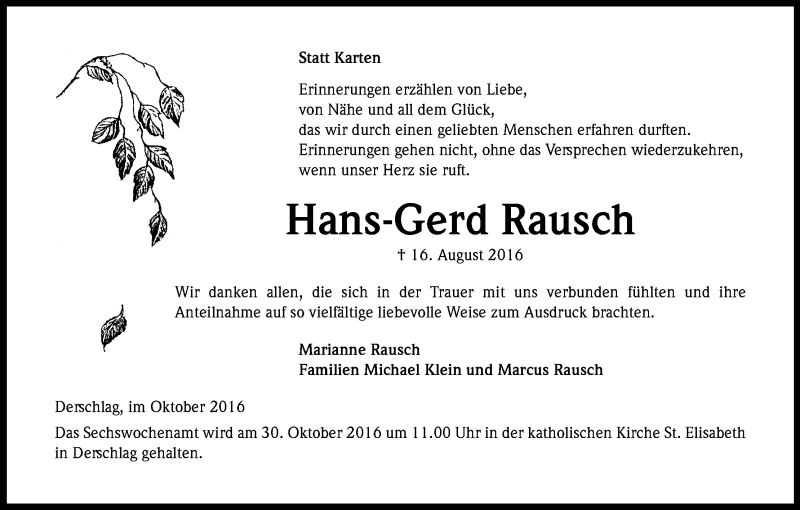  Traueranzeige für Hans-Gerd Rausch vom 22.10.2016 aus Kölner Stadt-Anzeiger / Kölnische Rundschau / Express