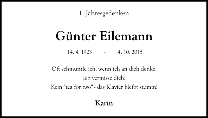  Traueranzeige für Günter Eilemann vom 05.10.2016 aus Kölner Stadt-Anzeiger / Kölnische Rundschau / Express