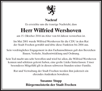 Anzeige von Wilfried Wershoven von  Sonntags-Post 