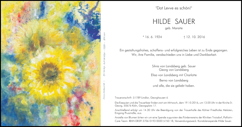  Traueranzeige für Hilde Sauer vom 15.10.2016 aus Kölner Stadt-Anzeiger / Kölnische Rundschau / Express