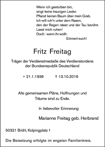 Anzeige von Fritz Freitag von  Schlossbote/Werbekurier 