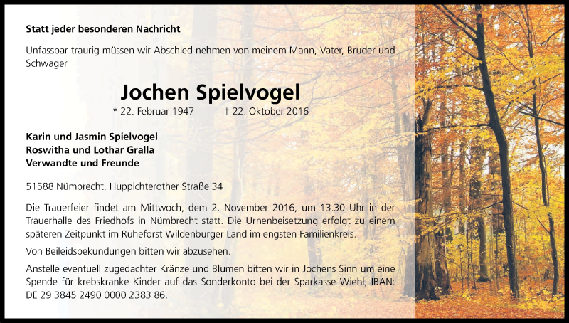  Traueranzeige für Jochen Spielvogel vom 26.10.2016 aus Kölner Stadt-Anzeiger / Kölnische Rundschau / Express