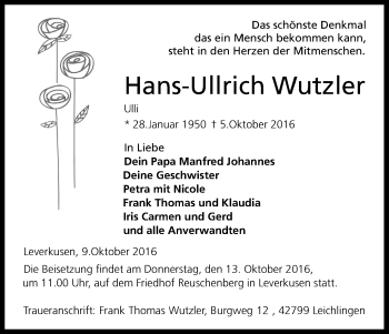 Anzeige von Hans-Ullrich Wutzler von Kölner Stadt-Anzeiger / Kölnische Rundschau / Express
