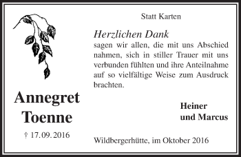 Anzeige von Annegret Toenne von  Lokalanzeiger 