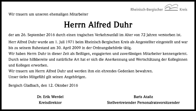  Traueranzeige für Alfred Duhr vom 15.10.2016 aus Kölner Stadt-Anzeiger / Kölnische Rundschau / Express