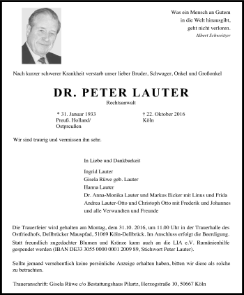 Anzeige von Peter Lauter von Kölner Stadt-Anzeiger / Kölnische Rundschau / Express