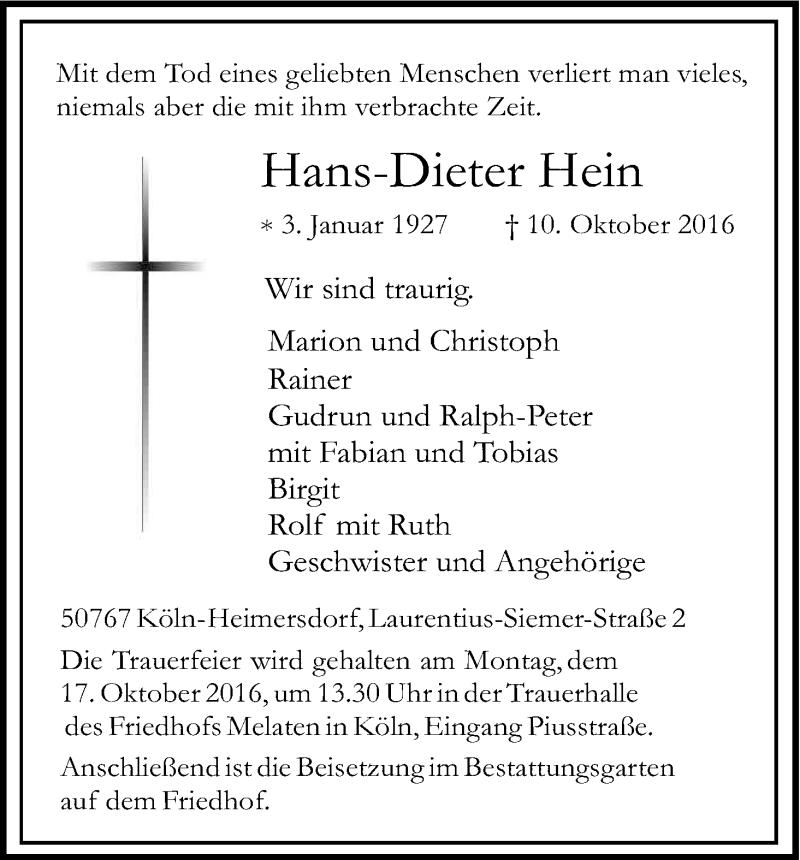  Traueranzeige für Hans-Dieter Hein vom 15.10.2016 aus Kölner Stadt-Anzeiger / Kölnische Rundschau / Express