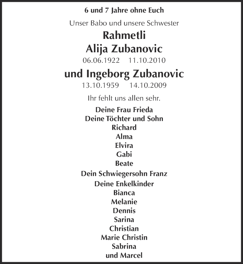  Traueranzeige für Rahmetli Alija und Ingeborg Zubanovic vom 08.10.2016 aus  Blickpunkt Euskirchen 