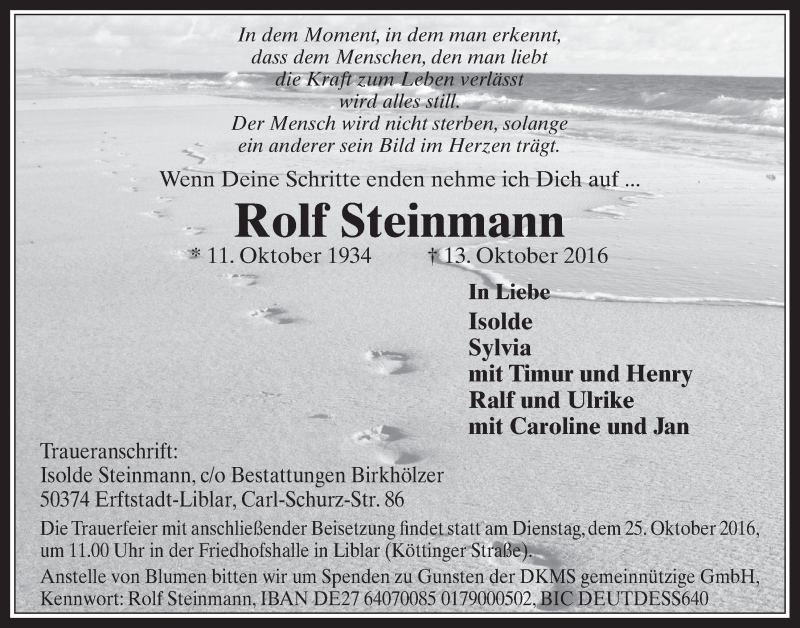  Traueranzeige für Rolf Steinmann vom 22.10.2016 aus  Sonntags-Post 