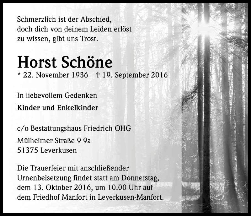  Traueranzeige für Horst Schöne vom 08.10.2016 aus Kölner Stadt-Anzeiger / Kölnische Rundschau / Express