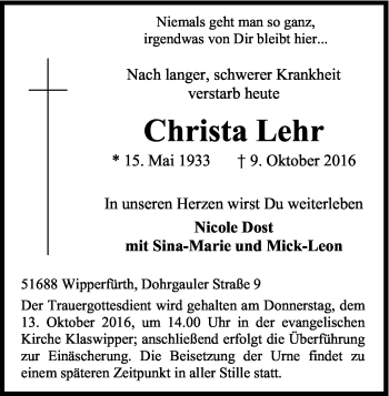 Anzeige von Christa Lehr von Kölner Stadt-Anzeiger / Kölnische Rundschau / Express