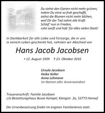 Anzeige von Hans Jacob Jacobsen von Kölner Stadt-Anzeiger / Kölnische Rundschau / Express