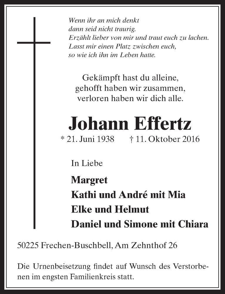  Traueranzeige für Johann Effertz vom 19.10.2016 aus  Wochenende 