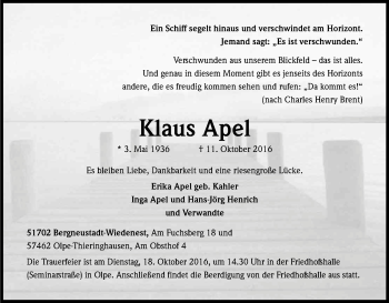 Anzeige von Klaus Apel von Kölner Stadt-Anzeiger / Kölnische Rundschau / Express