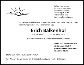 Anzeige von Erich Balkenhol von Kölner Stadt-Anzeiger / Kölnische Rundschau / Express
