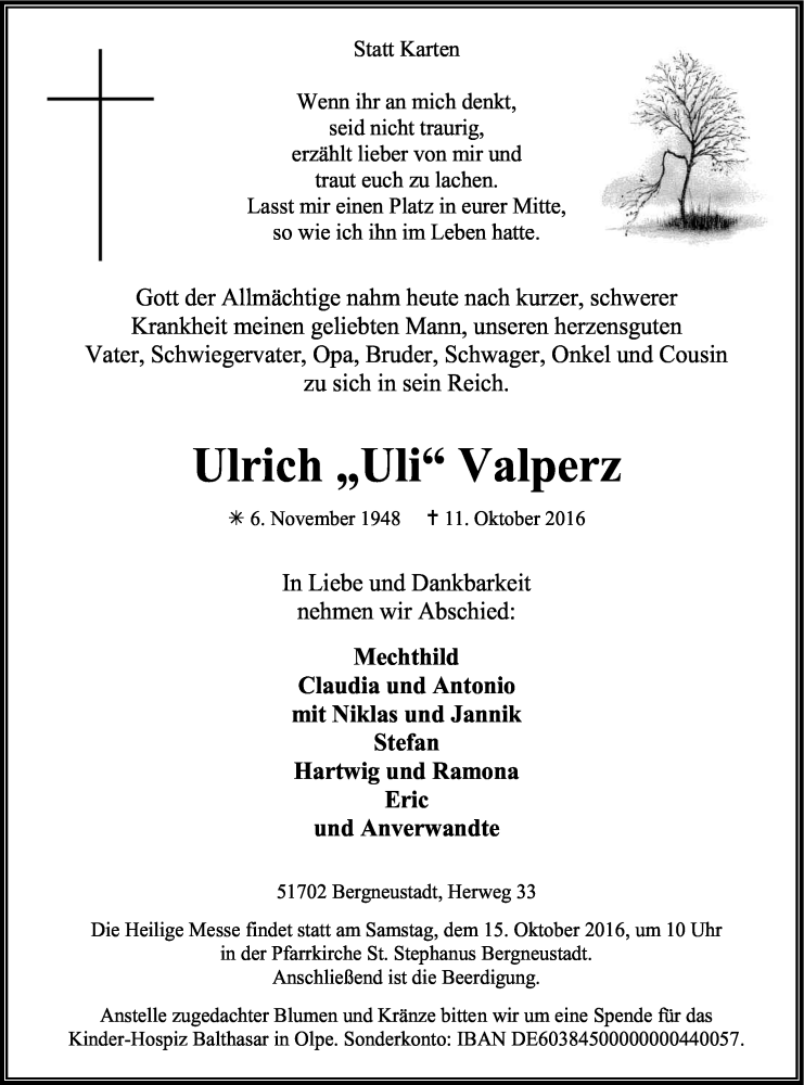  Traueranzeige für Ulrich  Valperz vom 13.10.2016 aus Kölner Stadt-Anzeiger / Kölnische Rundschau / Express