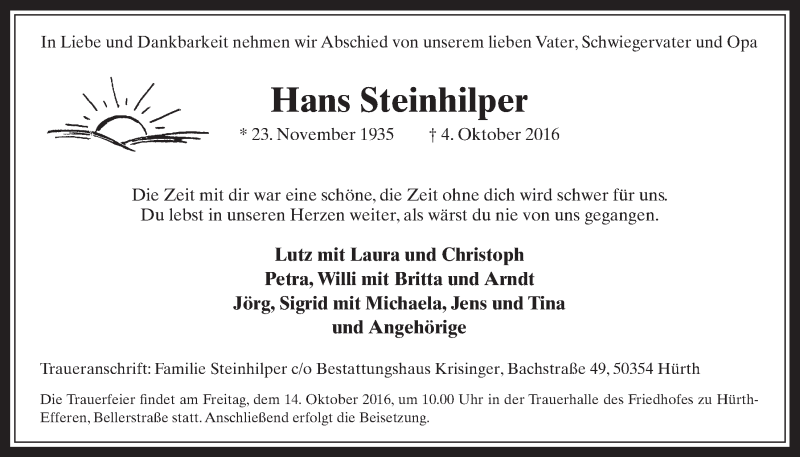  Traueranzeige für Hans Steinhilper vom 12.10.2016 aus  Wochenende 