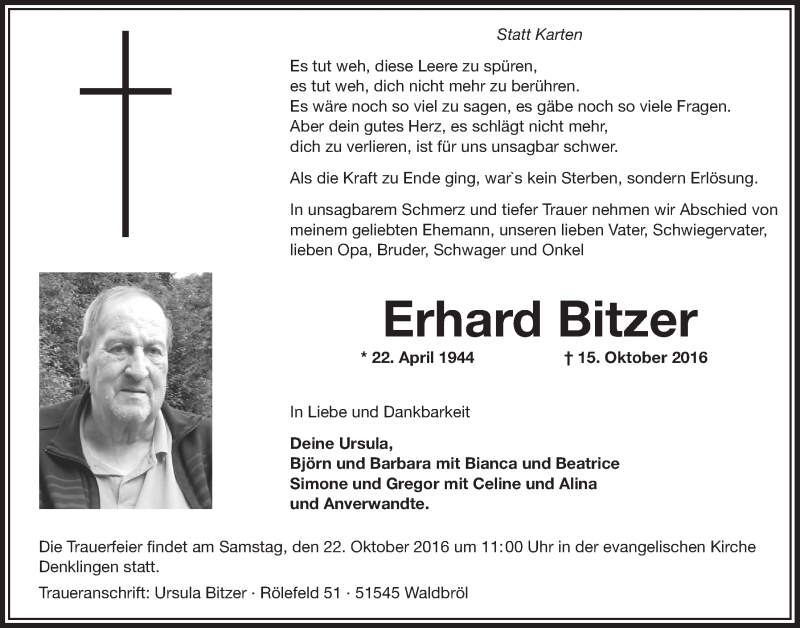  Traueranzeige für Erhard Bitzer vom 19.10.2016 aus  Lokalanzeiger 