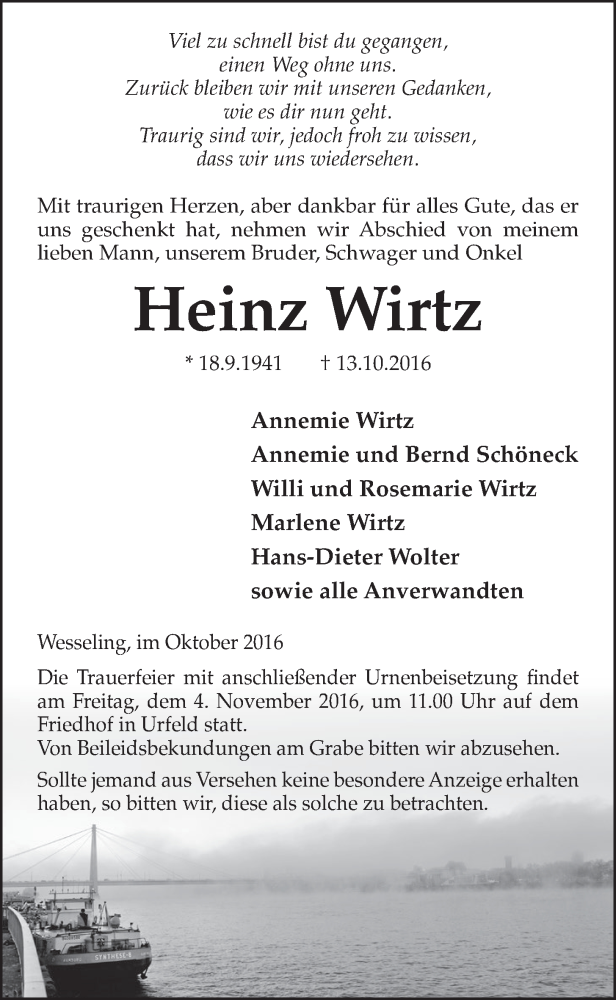  Traueranzeige für Heinz Wirtz vom 26.10.2016 aus  Schlossbote/Werbekurier 