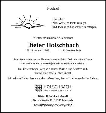 Anzeige von Dieter Holschbach von Kölner Stadt-Anzeiger / Kölnische Rundschau / Express