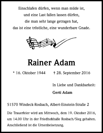 Anzeige von Rainer Adam von Kölner Stadt-Anzeiger / Kölnische Rundschau / Express