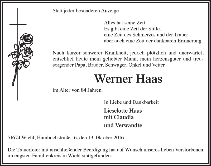  Traueranzeige für Werner Haas vom 19.10.2016 aus  Anzeigen Echo 