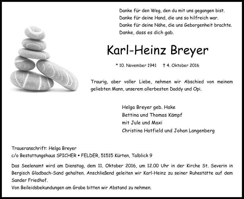  Traueranzeige für Karl-Heinz Breyer vom 08.10.2016 aus Kölner Stadt-Anzeiger / Kölnische Rundschau / Express