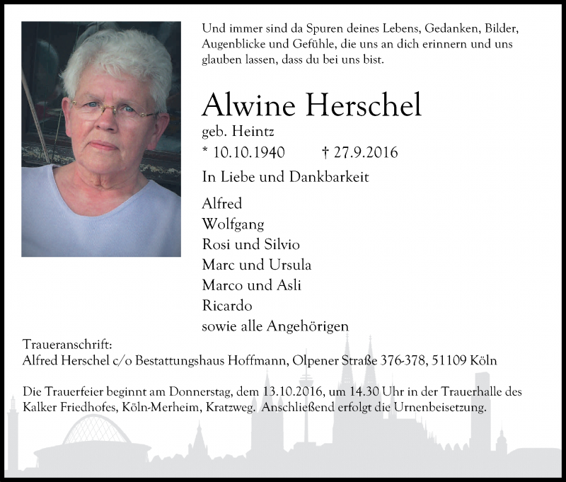  Traueranzeige für Alwine Herschel vom 08.10.2016 aus Kölner Stadt-Anzeiger / Kölnische Rundschau / Express
