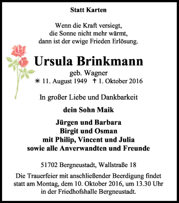 Anzeige von Ursula Brinkmann von Kölner Stadt-Anzeiger / Kölnische Rundschau / Express
