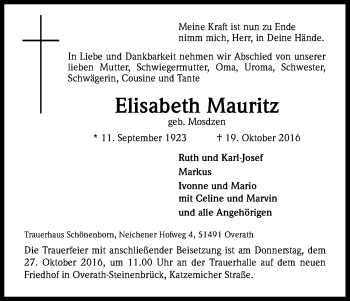 Anzeige von Elisabeth Mauritz von Kölner Stadt-Anzeiger / Kölnische Rundschau / Express