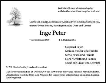 Anzeige von Inge Peter von Kölner Stadt-Anzeiger / Kölnische Rundschau / Express