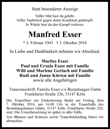 Anzeige von Manfred Esser von Kölner Stadt-Anzeiger / Kölnische Rundschau / Express