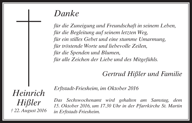  Traueranzeige für Heinrich Hißler vom 12.10.2016 aus  Werbepost 