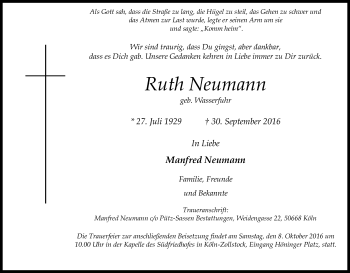 Anzeige von Ruth Neumann von Kölner Stadt-Anzeiger / Kölnische Rundschau / Express