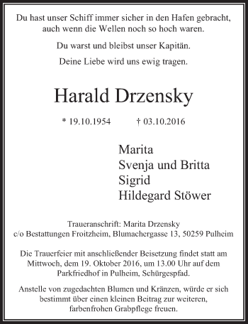 Anzeige von Harald Drzensky von  Wochenende 
