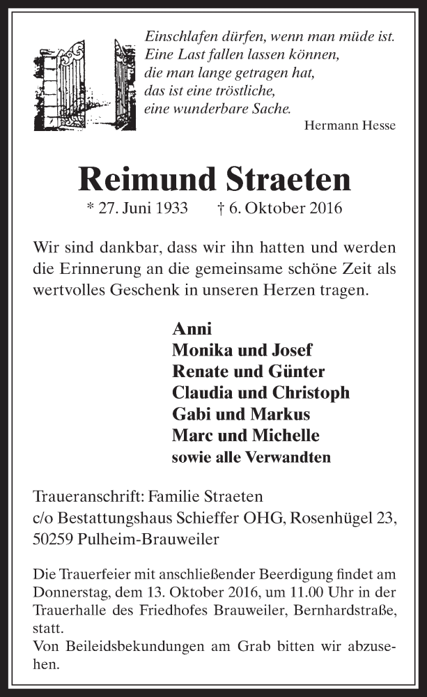  Traueranzeige für Reimund Straeten vom 12.10.2016 aus  Wochenende 